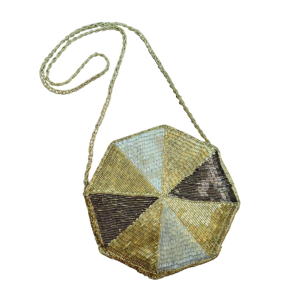 VTG La Regale Octagon Beaded Purse Pinwheel Geometric Gold Bronze NWOT Unused
